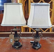 PAIR OF BLACK & SILVERED TABLE LAMPS MODELLED AFTER URNS