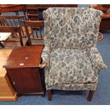 MAHOGANY FRAMED WINGBACK ARMCHAIR & MAHOGANY SINGLE DOOR BEDSIDE CABINET