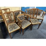 LATE 19TH CENTURY INLAID MAHOGANY 3 PIECE SUITE ON SQUARE TAPERED SUPPORTS & 3 MATCHING HAND CHAIRS