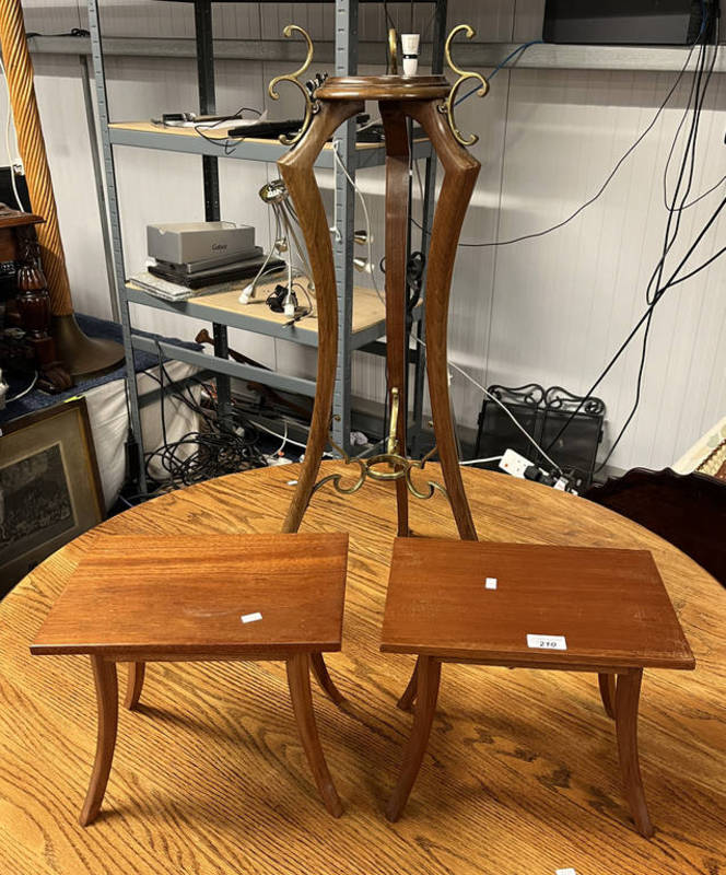 HARDWOOD PLANT STAND WITH BRASS FIXTURES & PAIR OF SMALL TEAK TABLES ON SPLAYED SUPPORTS