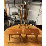 HARDWOOD PLANT STAND WITH BRASS FIXTURES & PAIR OF SMALL TEAK TABLES ON SPLAYED SUPPORTS