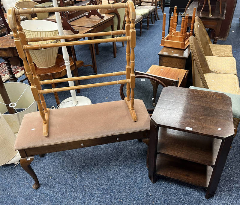 MAHOGANY DUET STOOL WITH LIFT-UP SEAT ON QUEEN ANNE SUPPORTS, OAK LAMP TABLE,