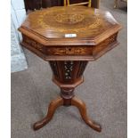 19TH CENTURY INLAID WALNUT SEWING TABLE WITH OCTAGONAL LIFT-UP TOP ON CENTRE PEDESTAL WITH 3