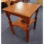 ARTS & CRAFTS STYLE OAK TABLE WITH COPPER PANEL TOP ON SQUARE SUPPORTS WITH UNDER SHELF,