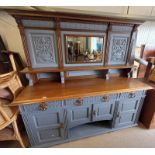 19TH CENTURY OAK MIRROR BACK SIDEBOARD WITH CARVED DECORATION & 3 DRAWER OVER 4 PANEL DOORS - WITH