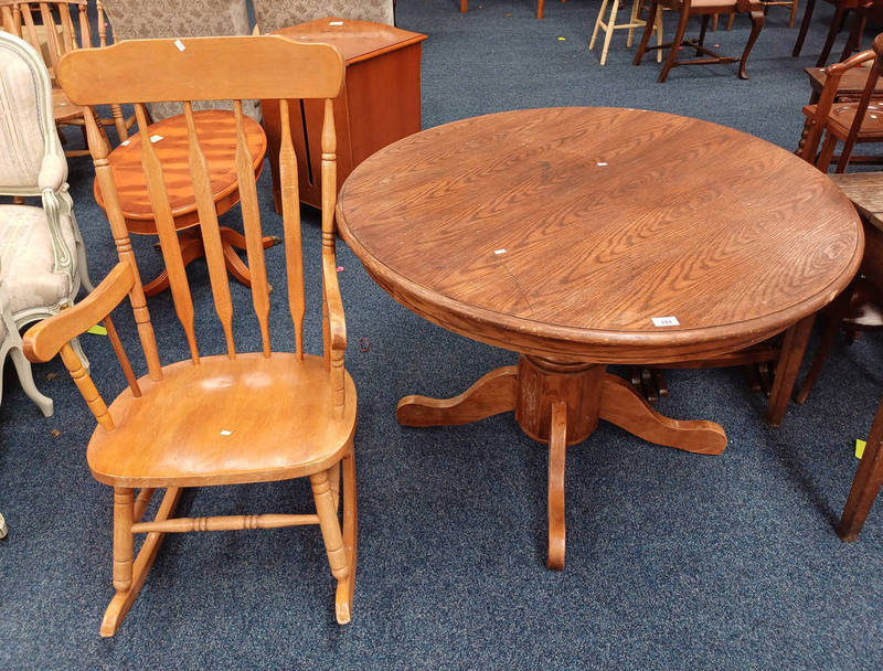 OAK SPAR BACK ROCKING CHAIR & OAK CIRCULAR PEDESTAL KITCHEN TABLE.