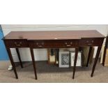 LATE 19TH CENTURY STYLE INLAID MAHOGANY BREAKFRONT SIDE TABLE WITH CENTRALLY SET LONG DRAWER