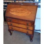 INLAID MAHOGANY BUREAU WITH FALL FRONT OVER 2 DRAWERS ON BALL & CLAW SUPPORTS