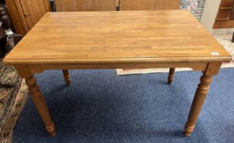 PINE RECTANGULAR KITCHEN TABLE ON TURNED SUPPORTS.