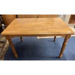 PINE RECTANGULAR KITCHEN TABLE ON TURNED SUPPORTS.