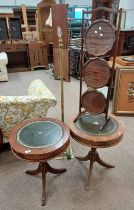 PAIR OF DRUM STYLE LEATHER TOPPED LAMP TABLES,