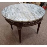 MARBLE TOPPED CIRCULAR MAHOGANY TABLE WITH GILT ORMOLU MOUNTS ON REEDED SUPPORTS - DIAMETER 60 CM