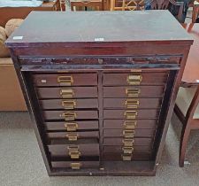 METAL FILING CABINET WITH TAMBOUR FRONT OPENING TO MULTI-DRAWER INTERIOR,