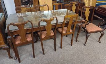 20TH CENTURY BURR WALNUT DINING TABLE ON SHAPED SUPPORTS & SET OF 6 WALNUT DINING CHAIRS & 2 OTHER