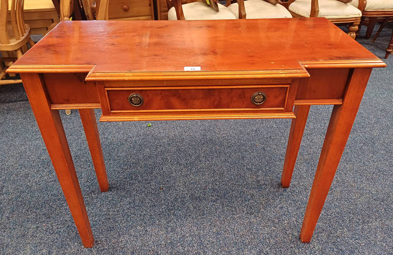 YEW WOOD SIDE TABLE WITH SINGLE DRAWER ON SQUARE TAPERED SUPPORTS LABELLED ROSJOHN TO INTERIOR.