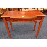 YEW WOOD SIDE TABLE WITH SINGLE DRAWER ON SQUARE TAPERED SUPPORTS LABELLED ROSJOHN TO INTERIOR.