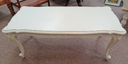WHITE COFFEE TABLE WITH SHAPED TOP ON CABRIOLE SUPPORTS