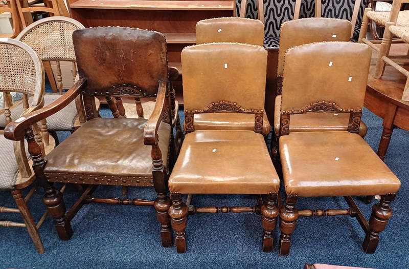 SET OF 4 EARLY 20TH CENTURY OAK FRAMED DINING CHAIRS WITH LEATHER PADDED BACKS AND SEATS & 1 OTHER