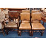 SET OF 4 EARLY 20TH CENTURY OAK FRAMED DINING CHAIRS WITH LEATHER PADDED BACKS AND SEATS & 1 OTHER