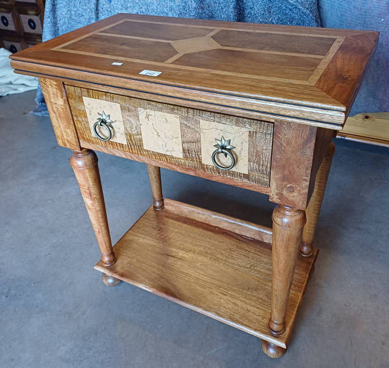 HARDWOOD SIDE TABLE WITH DECORATIVE HARDSTONE INSETS, SINGLE DRAWER & UNDERSHELF ON TURNED SUPPORTS.