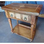 HARDWOOD SIDE TABLE WITH DECORATIVE HARDSTONE INSETS, SINGLE DRAWER & UNDERSHELF ON TURNED SUPPORTS.