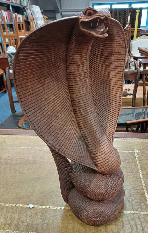 CARVED WOODEN FIGURE, KING COBRA.