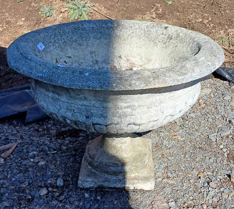 RECONSTITUTED STONE GARDEN URN ON PEDESTAL WITH SQUARE BASE.