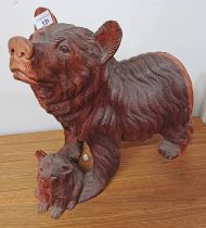 BLACK FORREST STYLE CARVED WOODEN FIGURE OF MOTHER BEAR & CUB