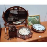 MAHOGANY WALL CLOCK WITH CARVED DECORATION AND PAINTED DIAL & 1 OTHER WALL CLOCK,