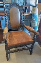 19TH CENTURY CARVED OAK OPEN ARMCHAIR WITH BROWN LEATHER PADDED BACK & SEAT ON BARLEY TWIST