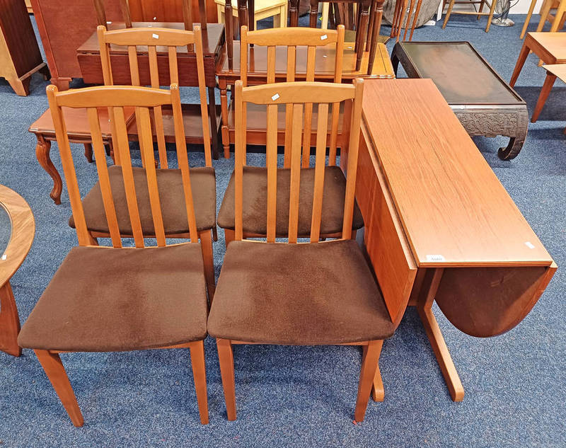 TEAK DROP LEAF DINING TABLE & SET OF 4 DINING CHAIRS.