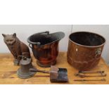 COPPER COAL BIN WITH EMBOSSED DECORATION AND LION MASK HANDLES, COPPER COAL SCUTTLE, BRASS BELL,