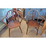 2 ERCOL WELSH FEATHER BACK OPEN ARMCHAIRS ON TURNED TAPERED SUPPORTS