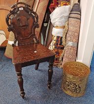 19TH CENTURY OAK HALL CHAIR WITH DECORATIVE CARVED BACK ON TURNED SUPPORTS AND BRASS COAL BUCKET