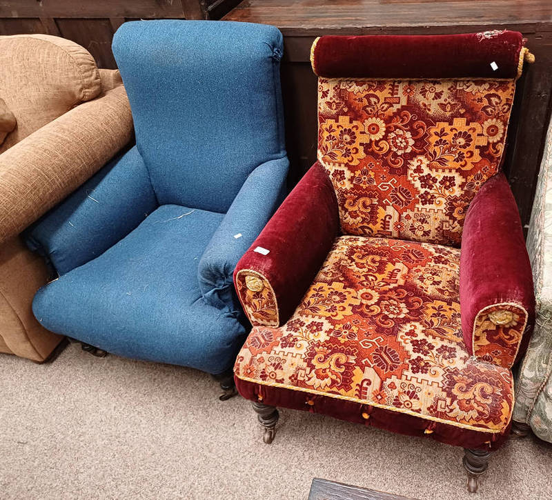 LATE 19TH / EARLY 20TH CENTURY OVERSTUFFED ARMCHAIR ON EBONISED TURNED SUPPORTS & 1 OTHER ARMCHAIR.