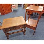 19TH CENTURY MAHOGANY WASH STAND WITH SINGLE DRAWER TO BASE & SMALL OAK TABLE WITH SINGLE DRAWER.