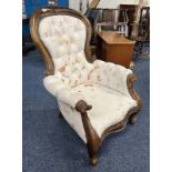 19TH CENTURY MAHOGANY FRAMED BUTTONED BACK GENTLEMANS ARMCHAIR ON CABRIOLE SUPPORTS