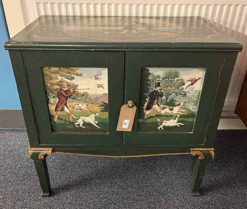 EARLY 20TH CENTURY PAINTED OAK 2 DOOR CABINET WITH CLASSICAL HUNTING SCENES SIGNED INDISTINCTLY TO