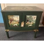 EARLY 20TH CENTURY PAINTED OAK 2 DOOR CABINET WITH CLASSICAL HUNTING SCENES SIGNED INDISTINCTLY TO