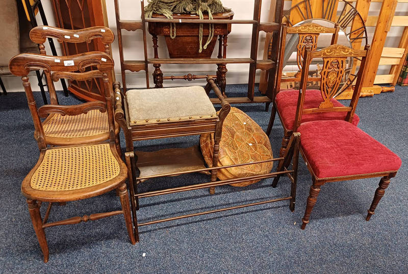 PAIR OF BEECHWOOD HAND CHAIRS WITH BERGERE SEATS, MAHOGANY PIANO STOOL,