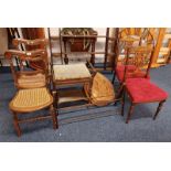 PAIR OF BEECHWOOD HAND CHAIRS WITH BERGERE SEATS, MAHOGANY PIANO STOOL,