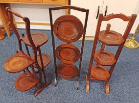 MAHOGANY 4 TIER FOLDING CAKE STAND AND 2 OTHER CAKE STANDS