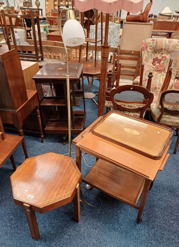 INLAID OCTAGONAL TABLE, TEAK TROLLEY WITH FLIP TOP, INLAID MAHOGANY TRAY,