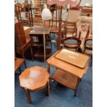 INLAID OCTAGONAL TABLE, TEAK TROLLEY WITH FLIP TOP, INLAID MAHOGANY TRAY,