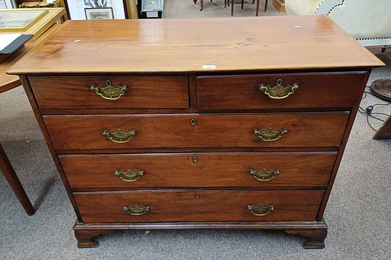 19TH CENTURY MAHOGANY CHEST OF 2 SHORT OVER 3 LONG DRAWERS ON BRACKET SUPPORTS.
