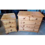 PINE CHEST OF 2 SHORT OVER 3 LONG DRAWERS ON BUN FEET & PINE BEDSIDE CHEST .