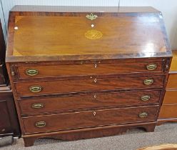 19TH CENTURY INLAID MAHOGANY BUREAU WITH FALL FRONT OPENING TO FITTED INTERIOR OVER 4 LONG