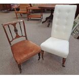 LATE 19TH CENTURY INLAID ROSEWOOD CHAIR ON TURNED SUPPORTS & TALL BACK MAHOGANY FRAMED CHAIR ON