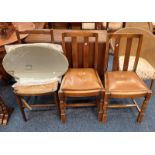 OAK DROP LEAF TABLE & 2 CHAIRS, HAND CHAIR WITH RUSH SEAT,