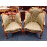 PAIR OF EARLY 20TH CENTURY WALNUT FRAMED ARMCHAIRS ON SHAPED SUPPORTS